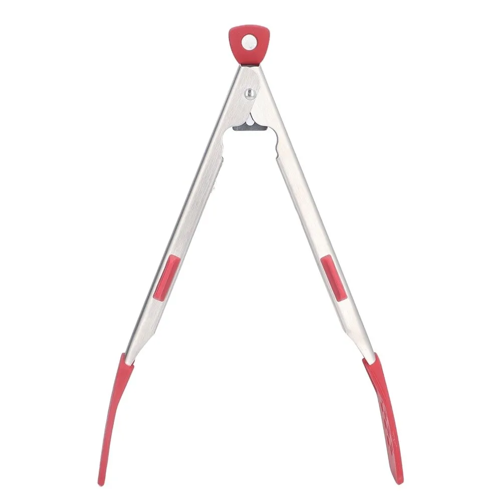 Hanging Loop Food Tongs Two Arms Stainless Steel+Silicone Cooking Tongs Red Black Compact Tong Serving Tongs BBQ Grilling
