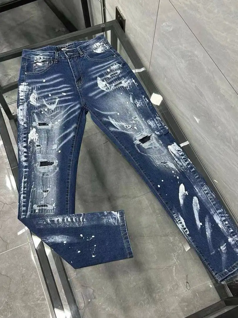 

American Style Teenage Slim Fit Jeans Men's Casual Long Pants Repair Patch Hole Youth Fashion mid Waist Zipper Pocket