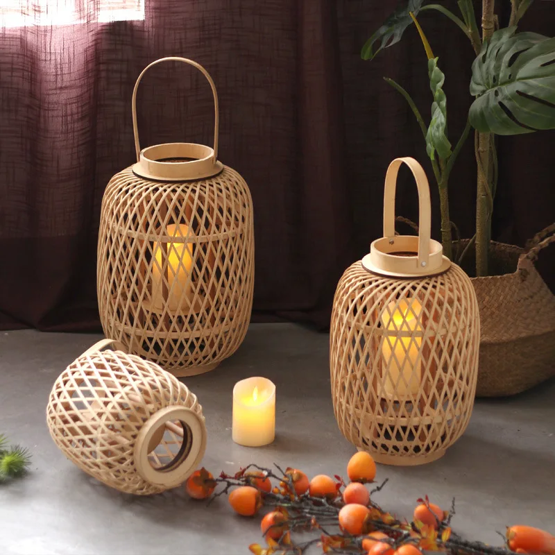 American Vintage Handheld Candlestick Lantern Nordic Retro Handmade Bamboo Weaving Night Light For Living Room Home Decor
