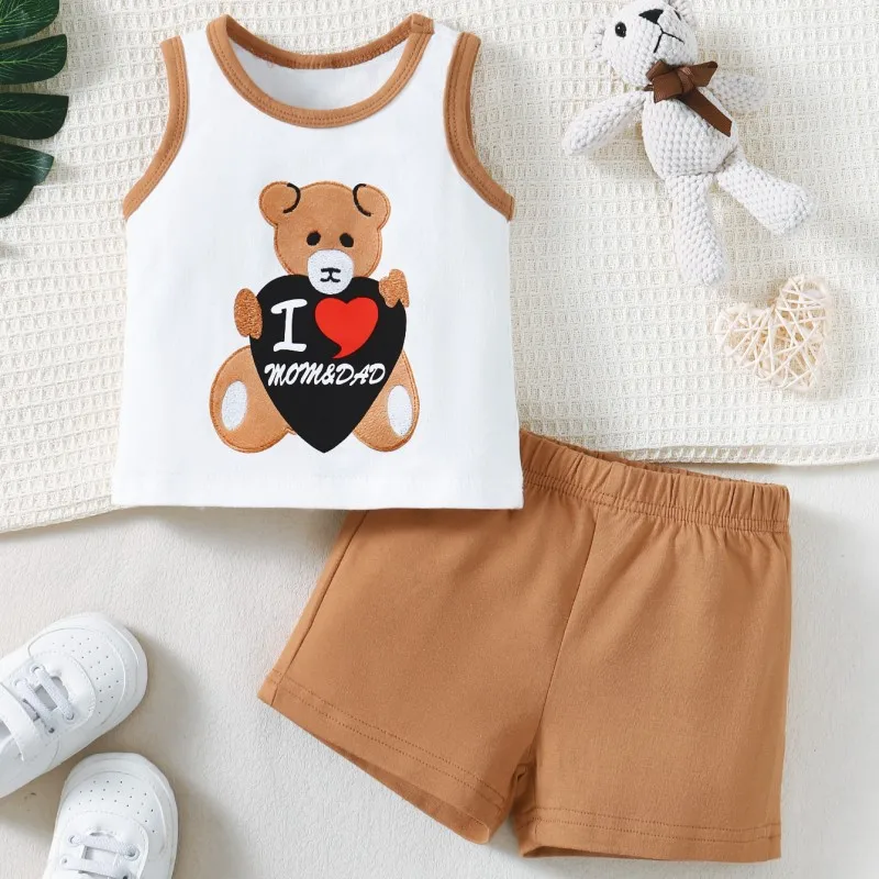 Toddler Girl Baby Cute Teddy Bear Vest+Shorts Two-Piece Set Suitable for Daily Casual Summer Set for Babies Aged 0-24 Months