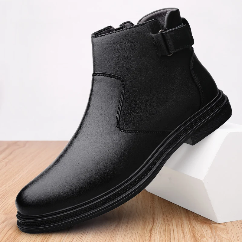 

Winter Fur Warm Chelsea Men's Boots Fashion Genuine Leather Ankle Boots Tendon Sole Wear Work Boots Outdoor Side Zipper Men Shoe