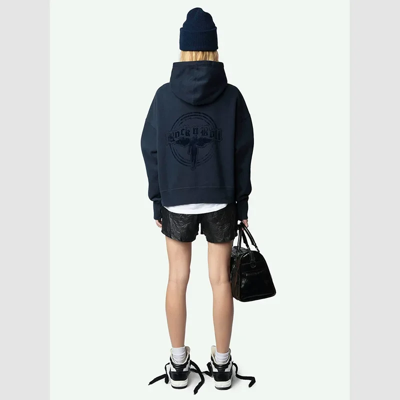 25 primavera nuevo nicho francés ZV frente ala estampado espalda Ángel flocado polar suéter con capucha para mujer