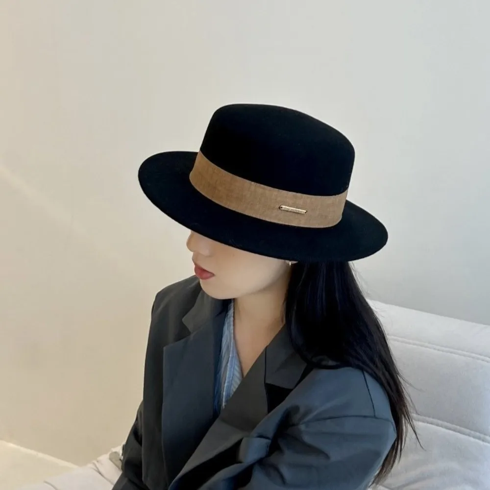 

New Formal Top Hat for Women Elegant Wide Brim Flat Felt Hat Warm Adjustable Fedoras Hats Winter