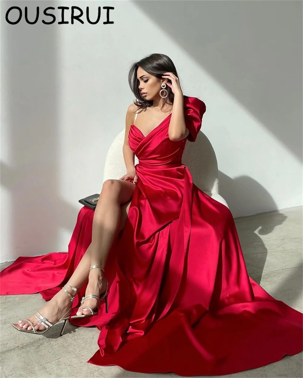 OUSIRUI Off-Shoulder Satin Solid Sheath Formal Prom Dresses Side Split Court Pleated Evening Party Gown vestidos de festa