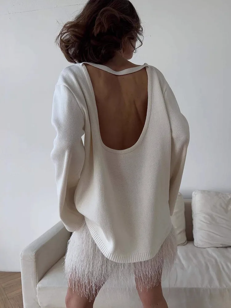 

Blifanbo Knit Autumn Winter Pullover Sweater For Women Elegant O Neck Long Sleeve Loose Sexy Backless Knitted Female Sweater
