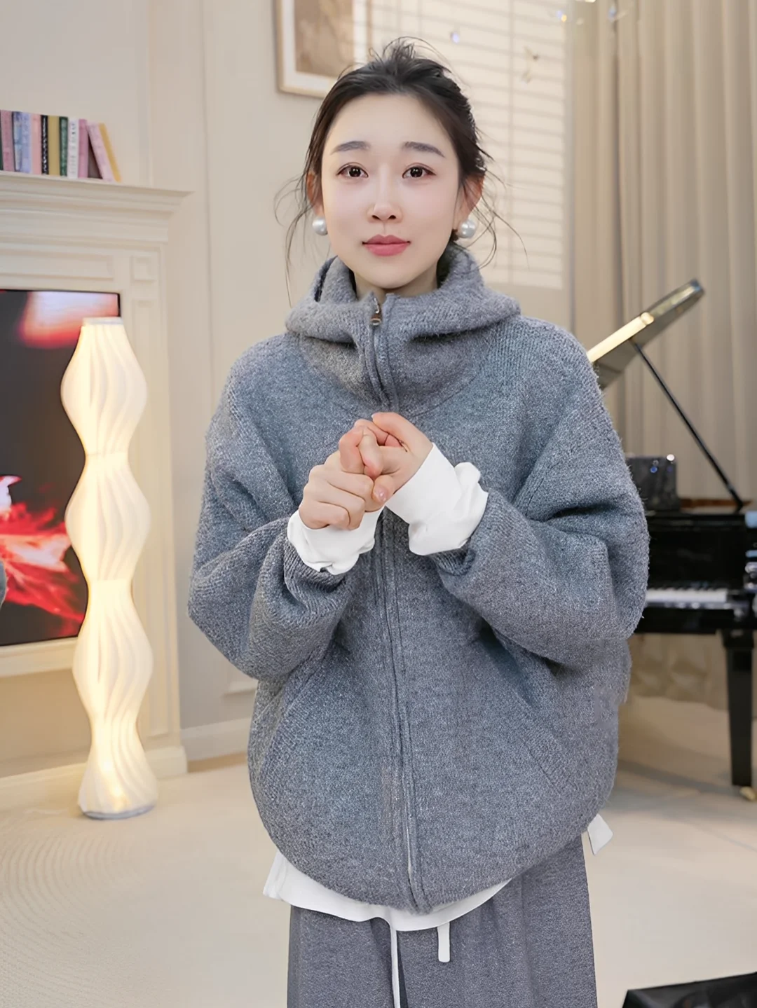

OUDOCKEE Korean Style Hooded Zipper Knitted Cardigan Women's Loose Sweater Spring Outerwear Soft Polyester Blend Long Sleeve