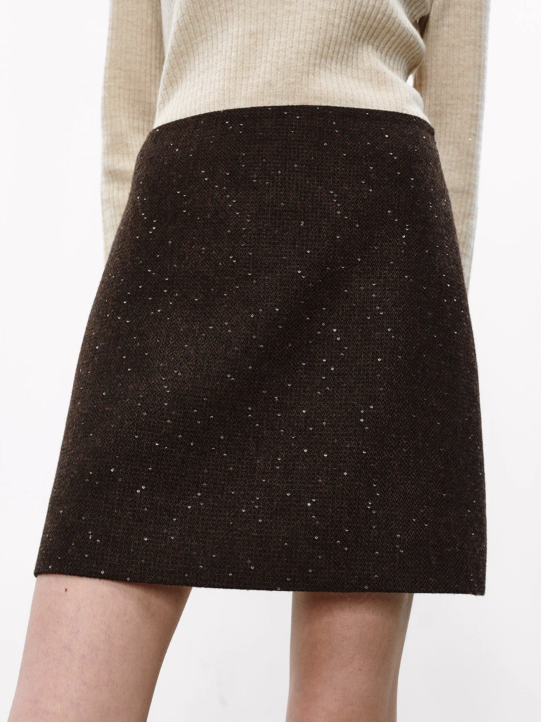 

Юбка-трапеция Chen Yun из шерсти с пайетками, женская, осенне-зимняя, коричневая, универсальная, облегающая, с высокой талией, из полиэфирного волокна