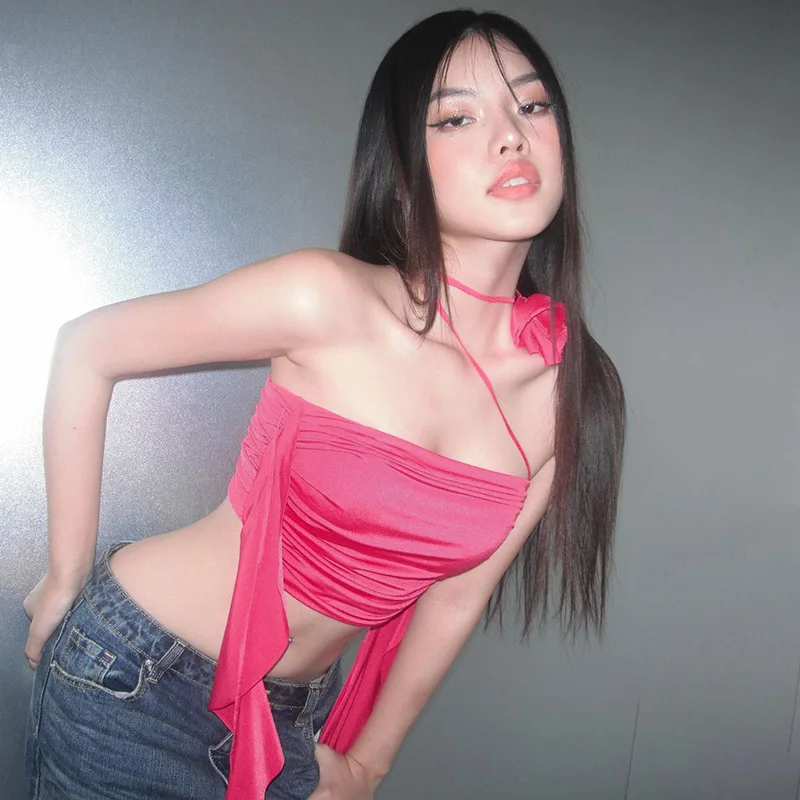 European and American summer pleated streamer halter top ins niche design sense hot girl short crop top T-shirt