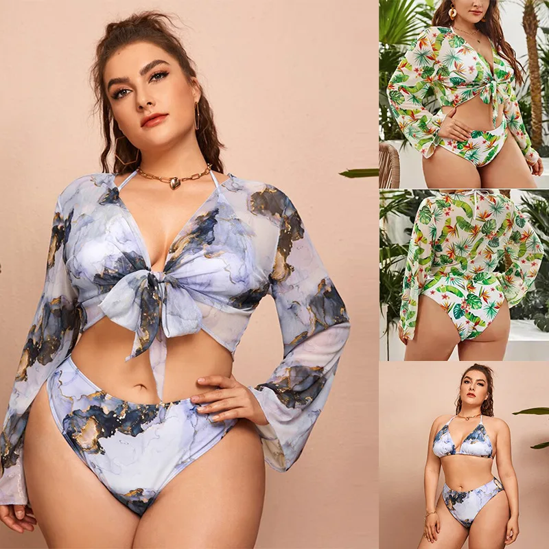 Nadrukowane Split Plus Size Bikini kobiety 3 sztuki plaża wysoki stan strój kąpielowy seksowne damskie stroje kąpielowe zestaw wiosna lato