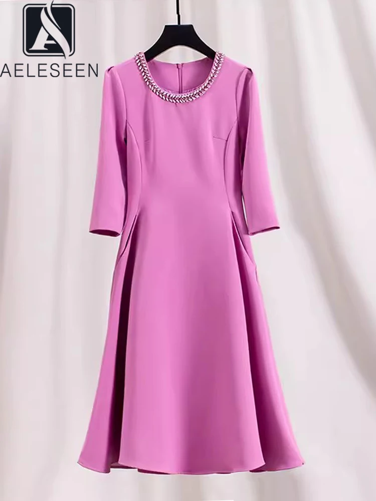 AELESEEN Office Ladies Long Dress Women Spring 3/4 Sleeve Diamonds Crystal High Quality Elegant Purplish Red Party Female