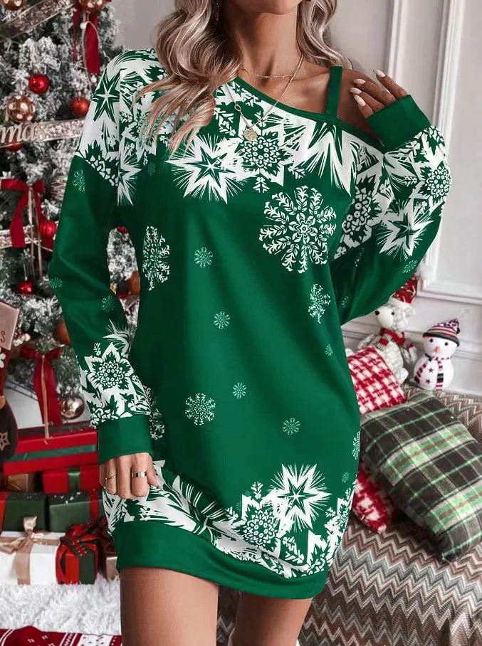 New Christmas Snowflake Print Off Shoulder Dress Women Fashion Winter Long Sleeve Loose Party Mini Dresses For Women 2025