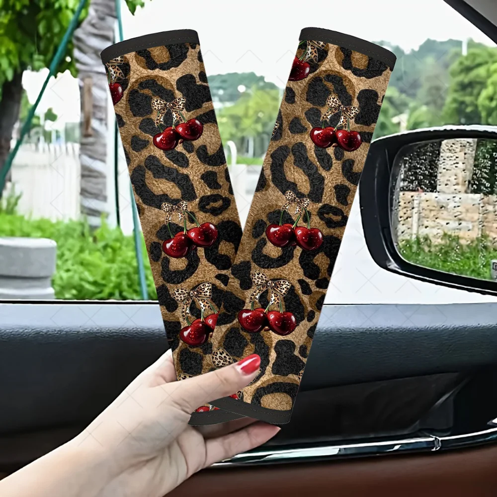 2pcs Cherry and Bow-leopard Print Car Seat Belt Cover, Fashionable Cherry and Bow-leopard Design, Multifunctional Car