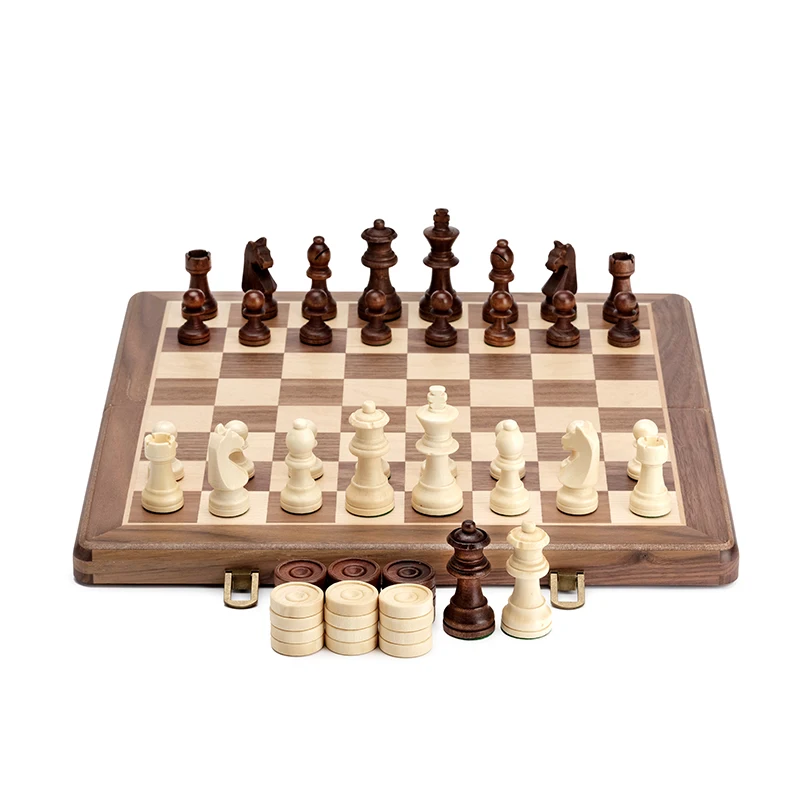 

High-quality Walnut Chess and Checkers Set High-grade Solid Wooden Chess Game 76mm King Height 38mm Folding Chess Board