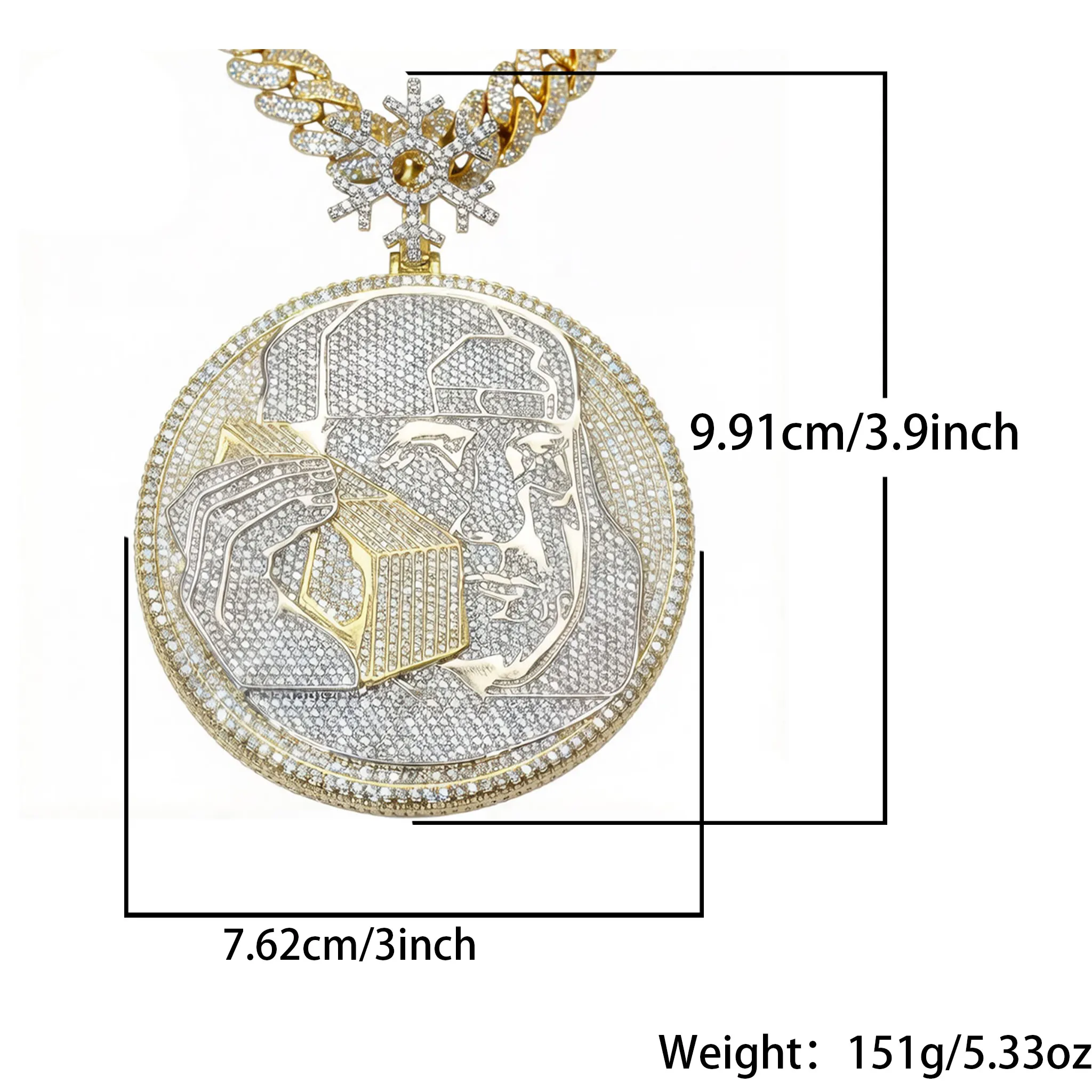 LYEE CYEE Iced Out Snowflake Bail Round Portrait Pendant Necklace, Gold Plated Micro Pave CZ Diamond Big Hip Hop Bling Cuban Link Chain Necklace for Men Rapper Stage Street Jewelry