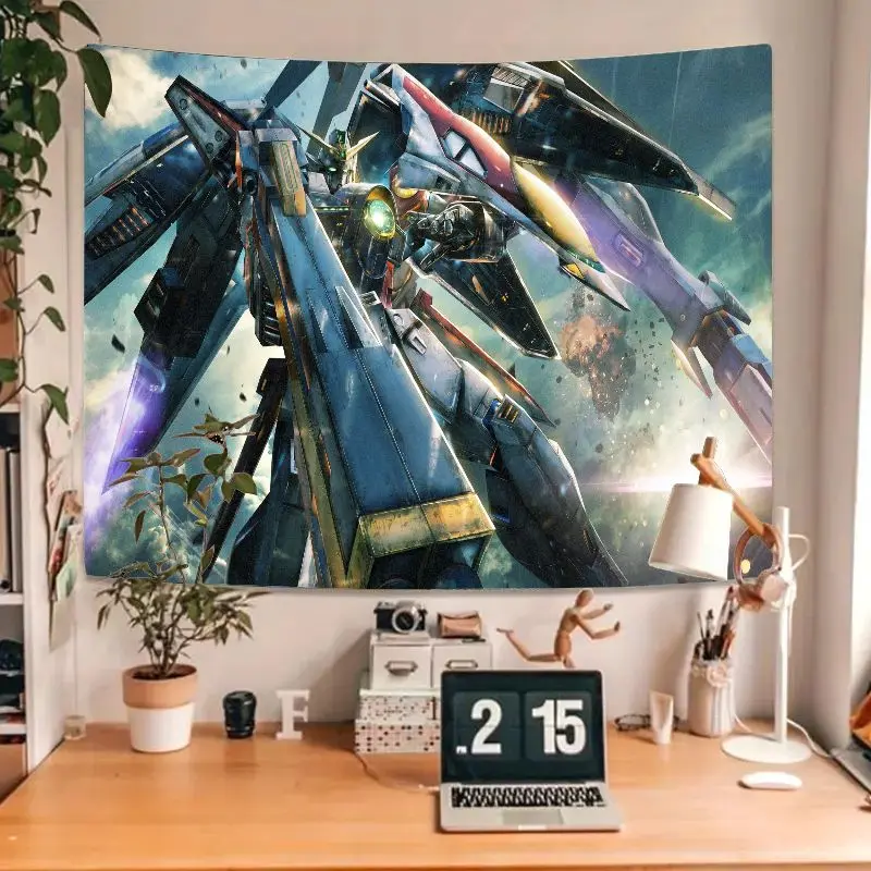 Tapiz Mech de Robot futurista, fondo dinámico de explosión, acentos metálicos, azul, negro y amarillo, arte de pared para ciencia ficción, Anime, 1 ud.