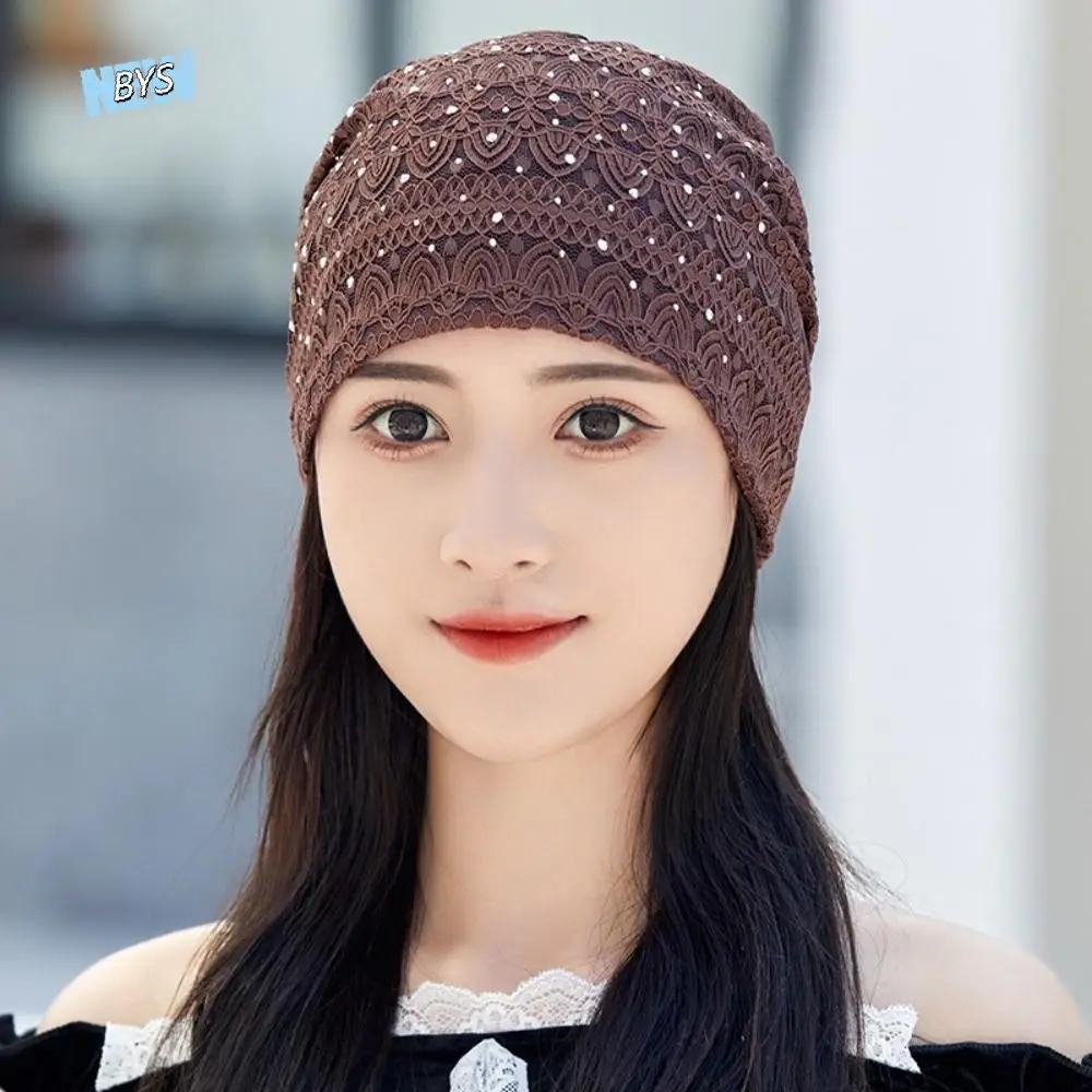 

Pullover Hat Soft Lace Beanie Hats Rhinestones Windproof Warm Bonnet Caps Comfortable Breathable Hijab Turban Cap Autumn Spring
