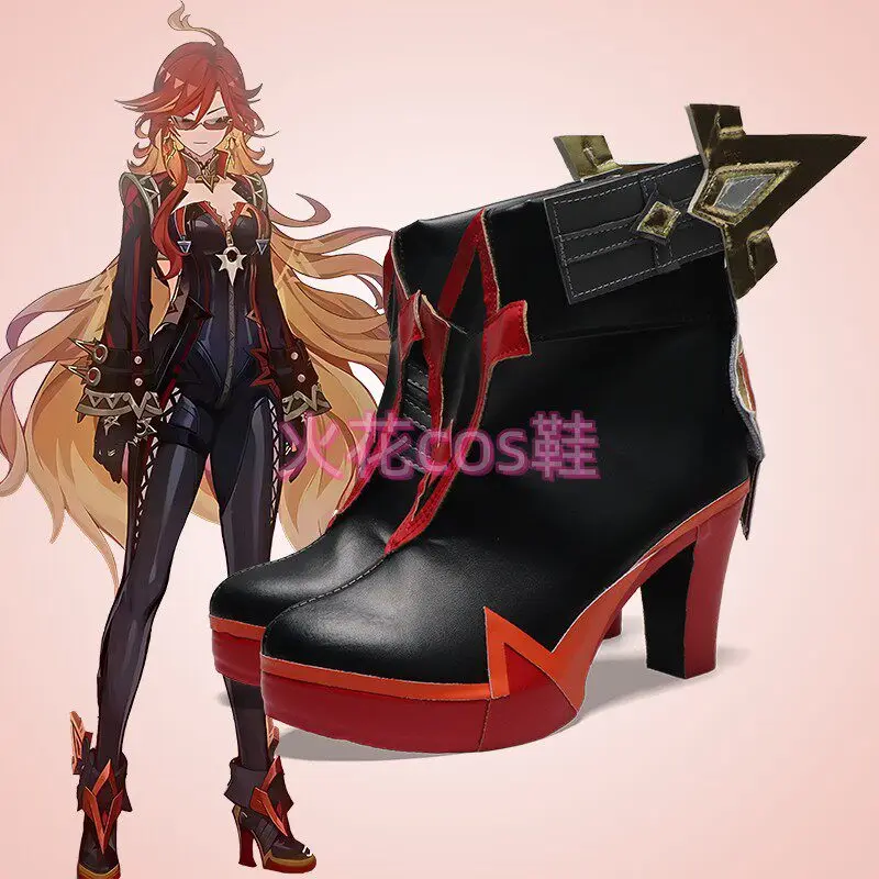 Anime Genshin Impact Mavuika Cosplay Shoes Black High Heels Short PU Leather Boots For Halloween Carnival
