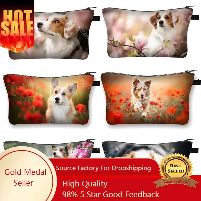 

Cute Dog and Flowers Printing Cosmetic Case Women Makeup Bags Ladies Cosmetic Bag Girls Storage Toiletry Bag Small Clutch