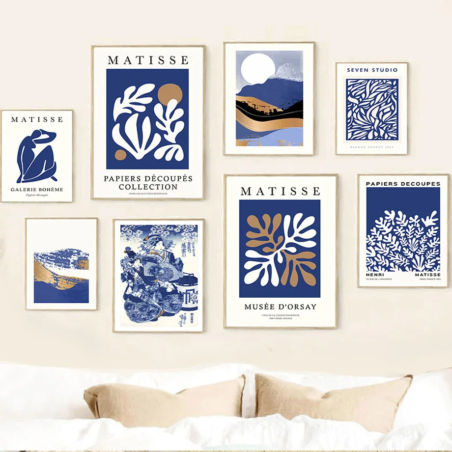 1pcs(No frame)Abstract Matisse Blue Coral Leaf Girl Wall Art Canvas Painting Mountain Sun Posters And Prints Pictures For Liv