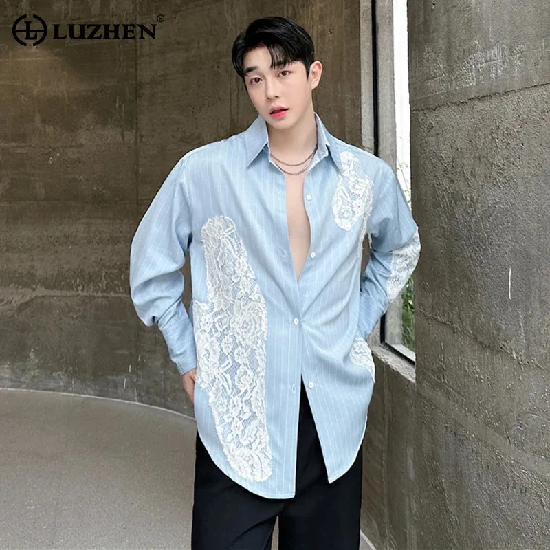 LUZHEN Male Lace Patch Decoration Shirt Long Sleeve Patchwork Niche Design Casual Simplicity Original Spring Men's Tops LZ6971