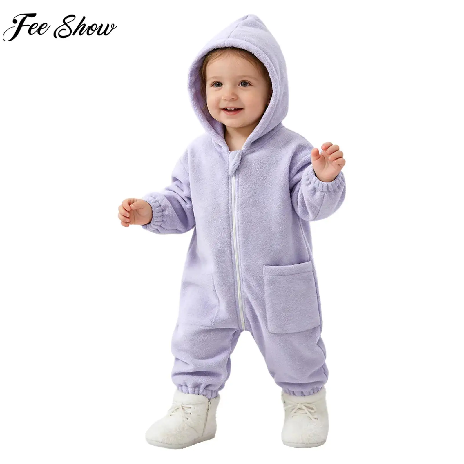 

Baby Boys Girls Spring Winter Warm Fleece Hooded Romper Snowsuit Long Sleeve Zipper Jumpsuit Outerwear Daily Wear Loungewear