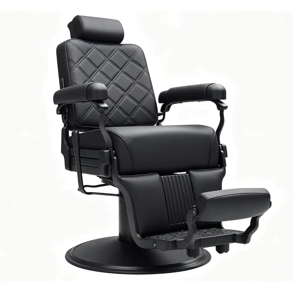 

Industrial-Strength Hydraulic Reclining Barber Chair, 700 lbs Capacity, 135° Recline, Black Stainless Steel Leather