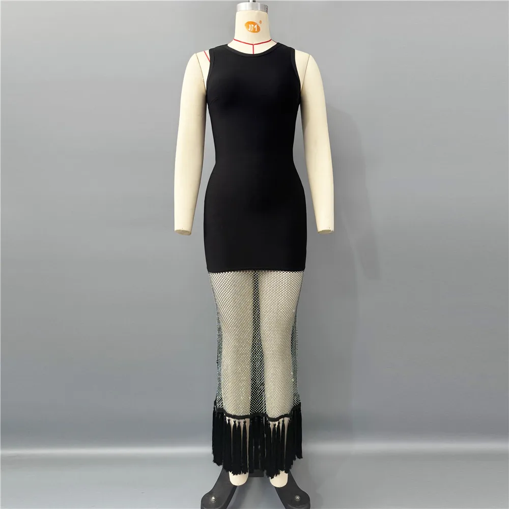 2025 New Women Sleeveless Bandage Dress Sexy Beading Tassels Clothes Club Party Elegant Dresses