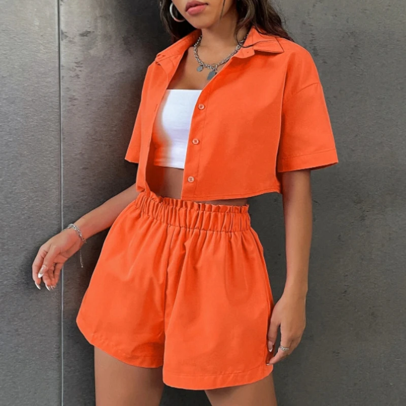 2023 Summer New Women's Two Piece Set Solid Color Single breasted Short Sleeve Polo Shirt Shorts Fashion Casual Shorts Set