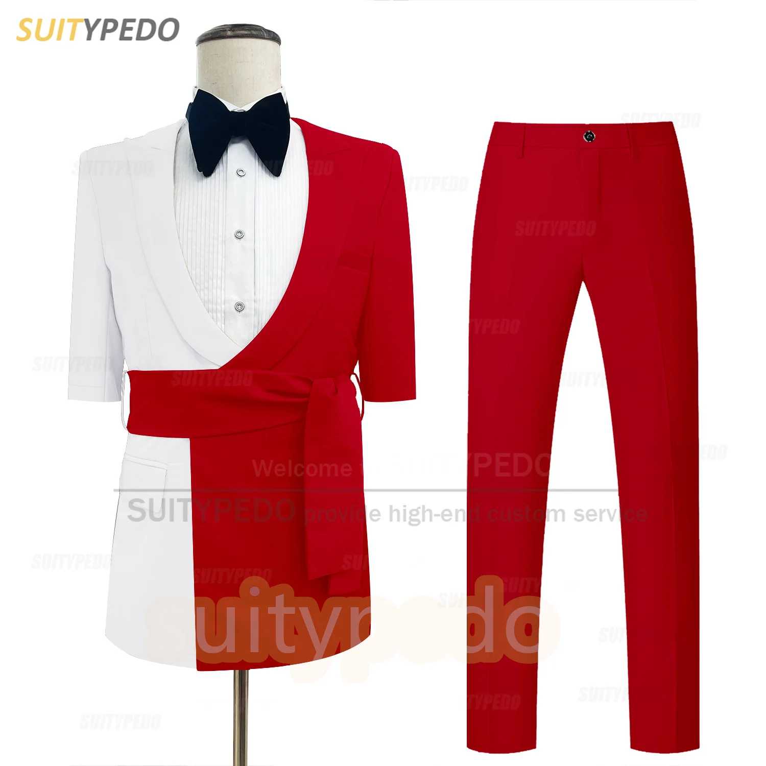 Fashion White Red Splicing Suit Set For Men Formal Party Slim Fit Blazer Pants 2 Pieces Summer Wedding Groomsman Elegant Outfits