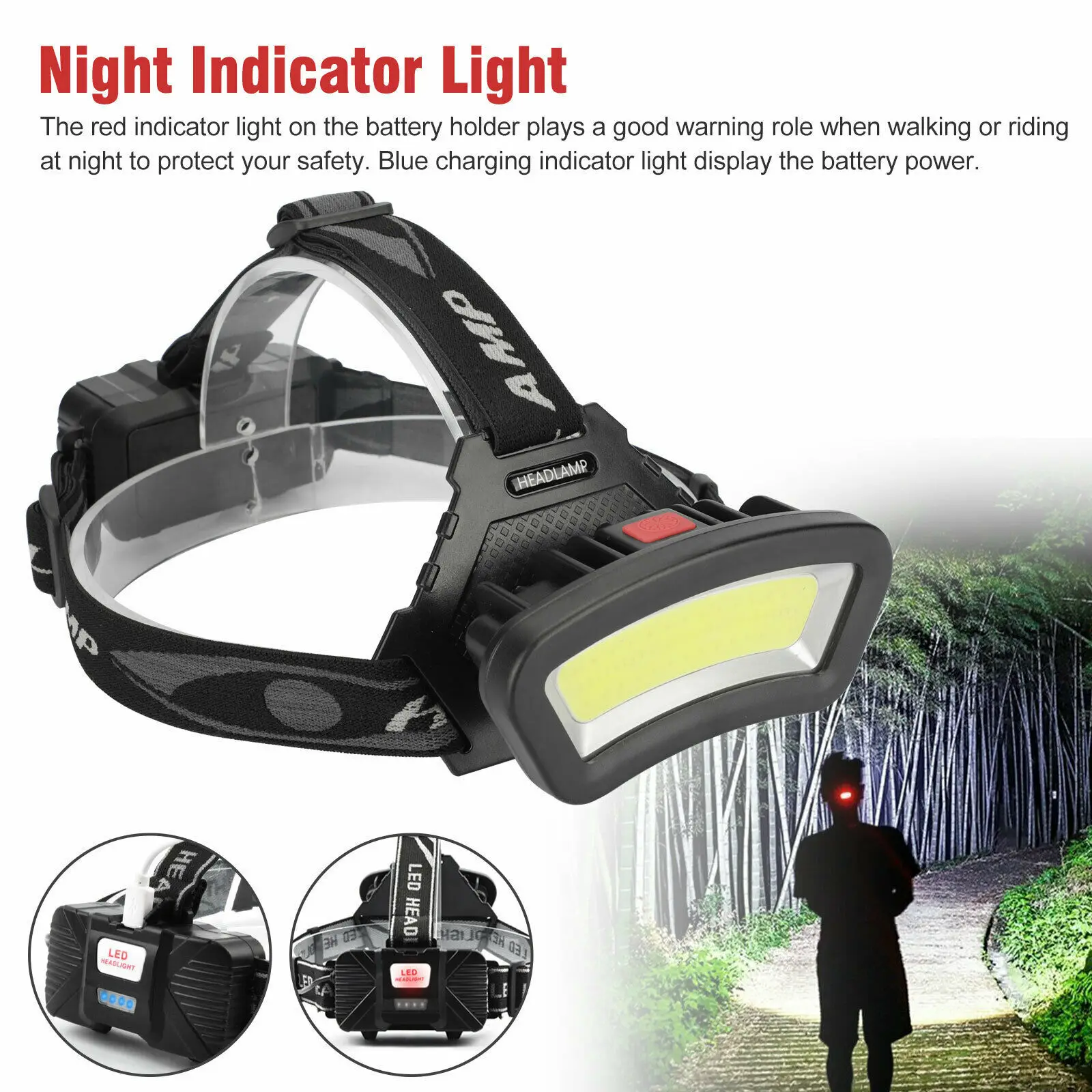 COB LED Wide Headlamp Wide Range Lighting USB Rechargeable LED Wide Angle Headlight with Battery Level Display 2*18650 Batteries