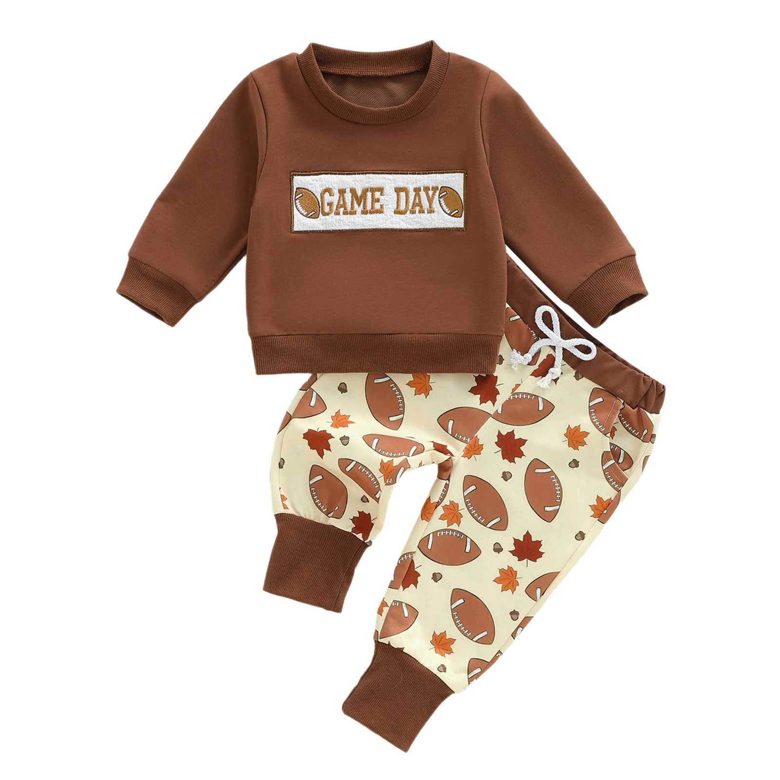 

Toddler Baby Boy Thanksgiving Football Outfit Rugby Long Sleeve Sweatshirt and Maple Leaf Pants 2 Piece Set