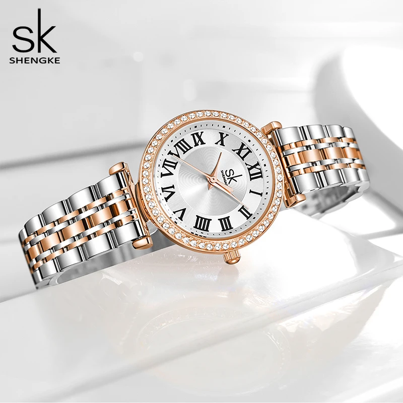 Shengke Top Brand Luxury Women\'s Watch Stainless Steel Material Waterproof Watch Ladies Watches Diamond Clock Relogio Feminino