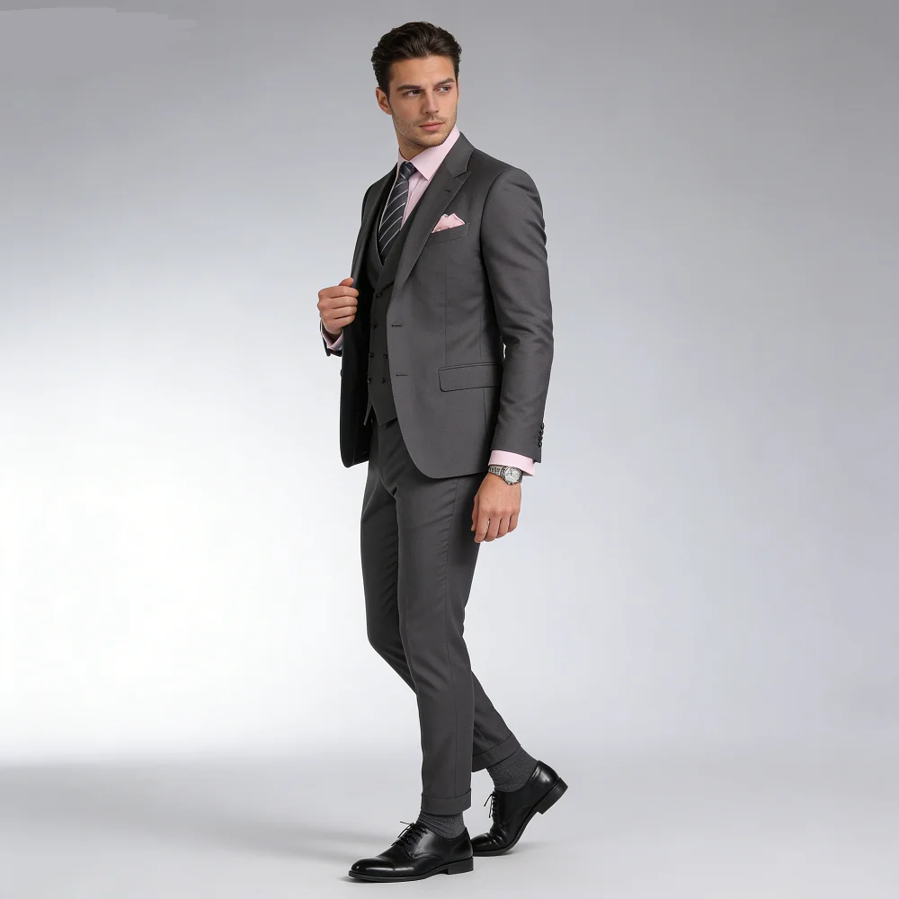 

Elegant Pink 3 Piece Slim Fit Men's Suits with Vest And Pants for Wedding Groom Tuxedo Prom Formal Male Party Business Blazer