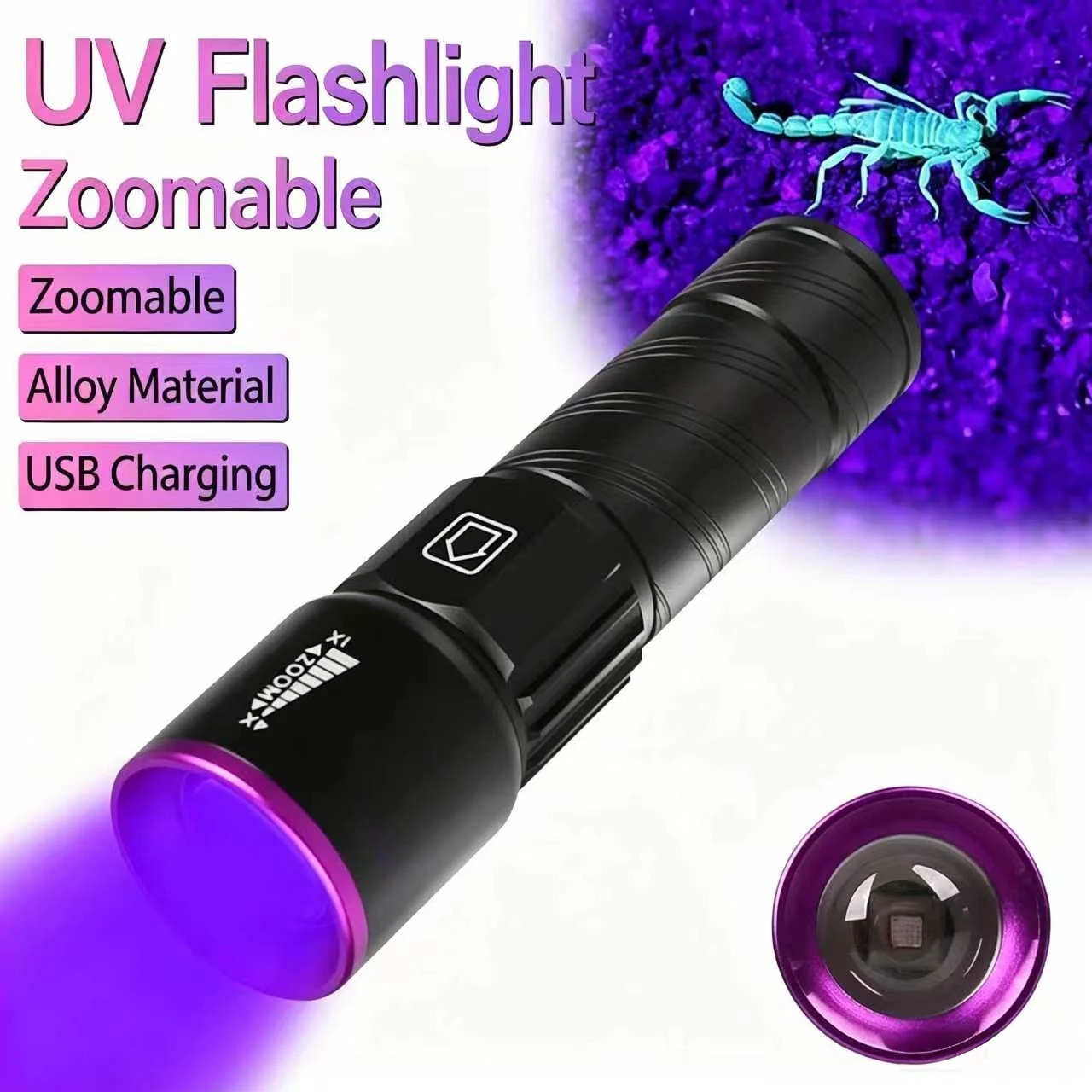 2-in-1 UV & White Light Flashlight Zoomable 395nm Blacklight USB Rechargeable LED Torch Aluminum Alloy Handheld Light