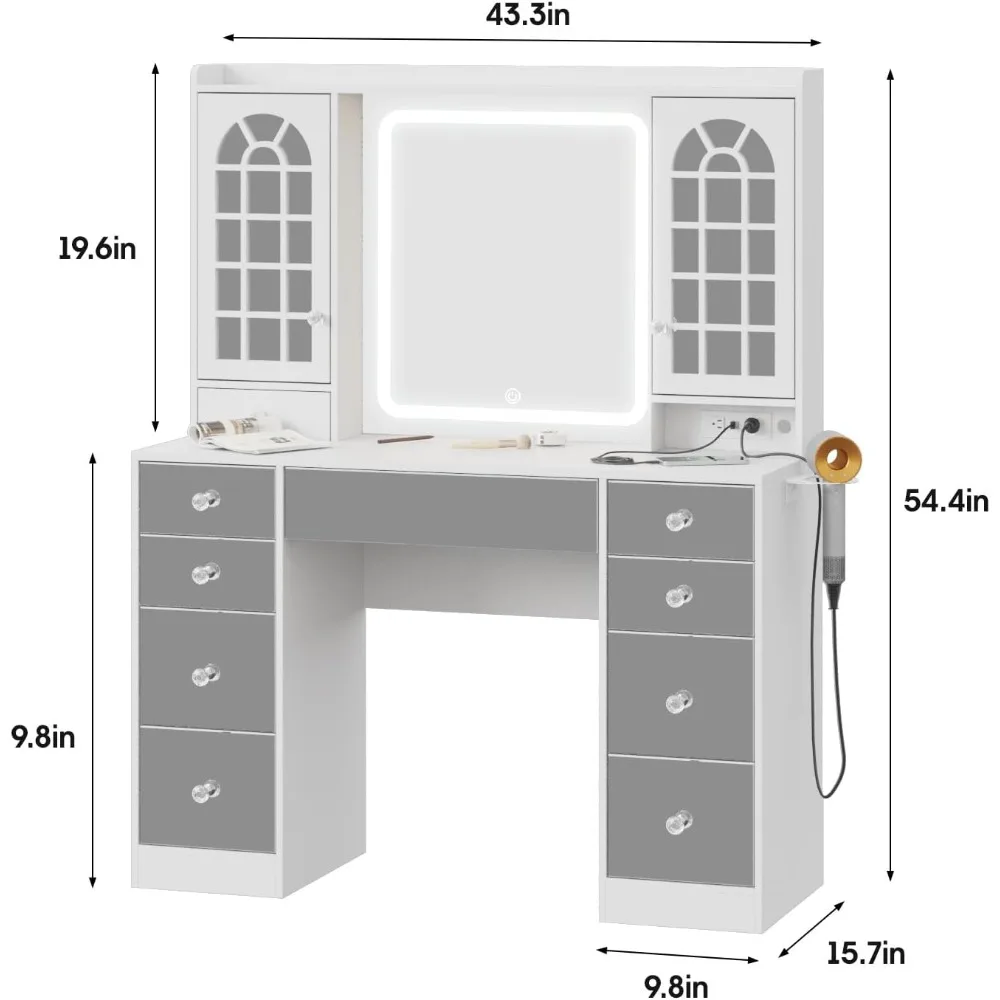 Makeup Vanity Desk with Mirror and Lights, Large Vanity Desk with Storage Cabinet and 9 Drawer with Power Strip, Vanity Table