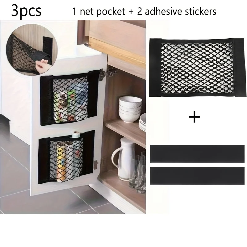 Lot de 3 sacs de rangement en maille auto-adhésifs sans perçage, organisateur mural pour voiture, camping-car, armoire, sous l'évier, camping