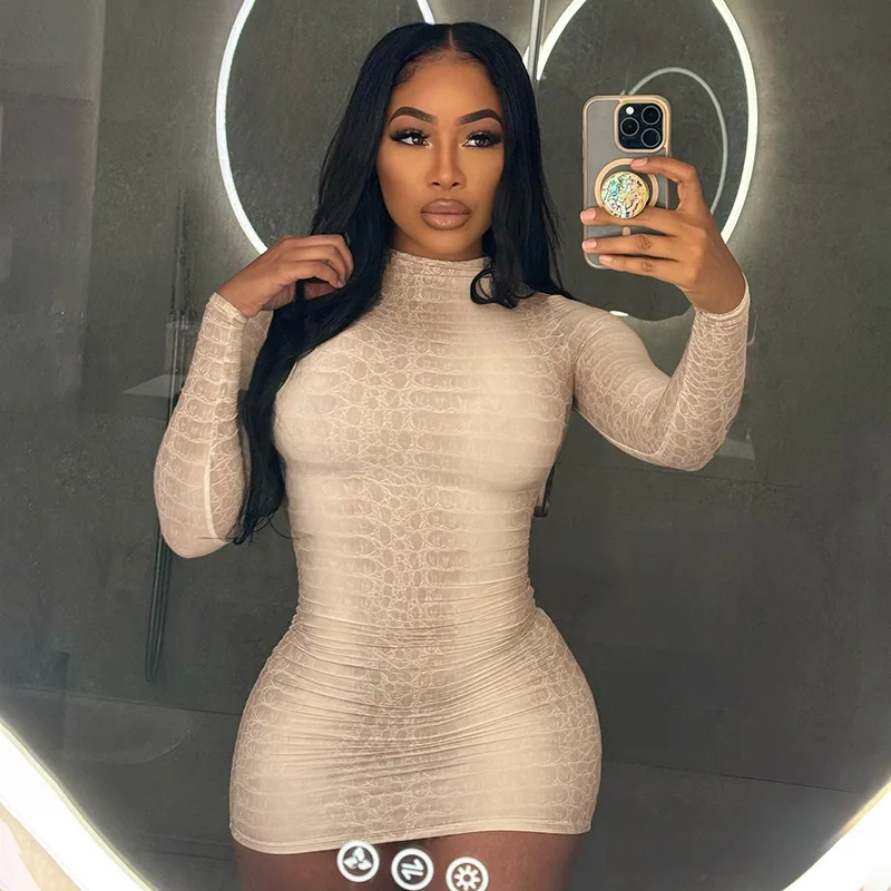 

STYLISH LADY Snake Printed Dress 2025 Autumn Women Long Sleeve O Neck Bodycon Sexy Club Party Mini Vestidos De Festa