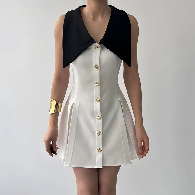 

Talenza Metal Button Dress Women's Lapel V Neck Sleeveless Pleated High Waist Mini Dress Female Fashion Elegant Chic Slim Dress