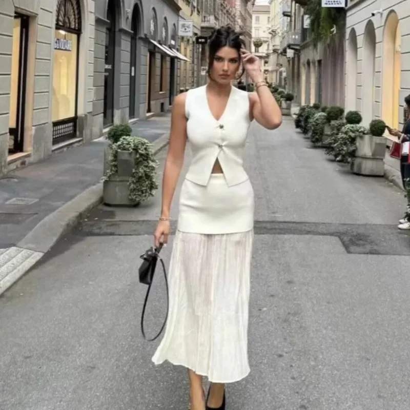 سترة نسائية أنيقة على شكل حرف v بدون أكمام بزرين سترة محبوكة + خصر عالي وسحاب وحاشية طيات تنانير طويلة ملابس خروج فرنسية