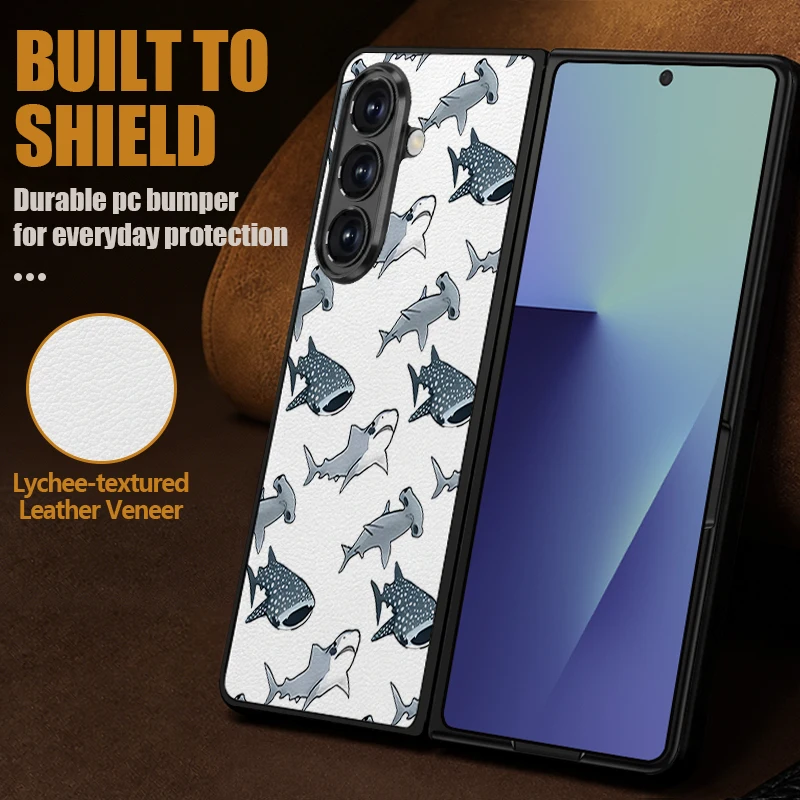 Shark Ocean Printed Leather Phone Case For Samsung Galaxy Z Fold8 Fold7 Fold6 Fold5 Fold4 Shockproof Hard PC Frame Folding Cover