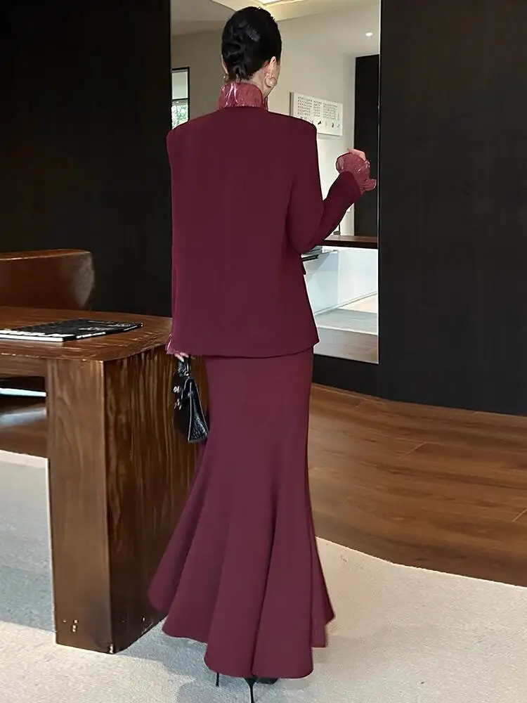 BEWQ Mode dames 2-delige set ruches lange mouw patchwork taille blazer slip slanke rokkostuum avondfeest 2025 herfst nieuw