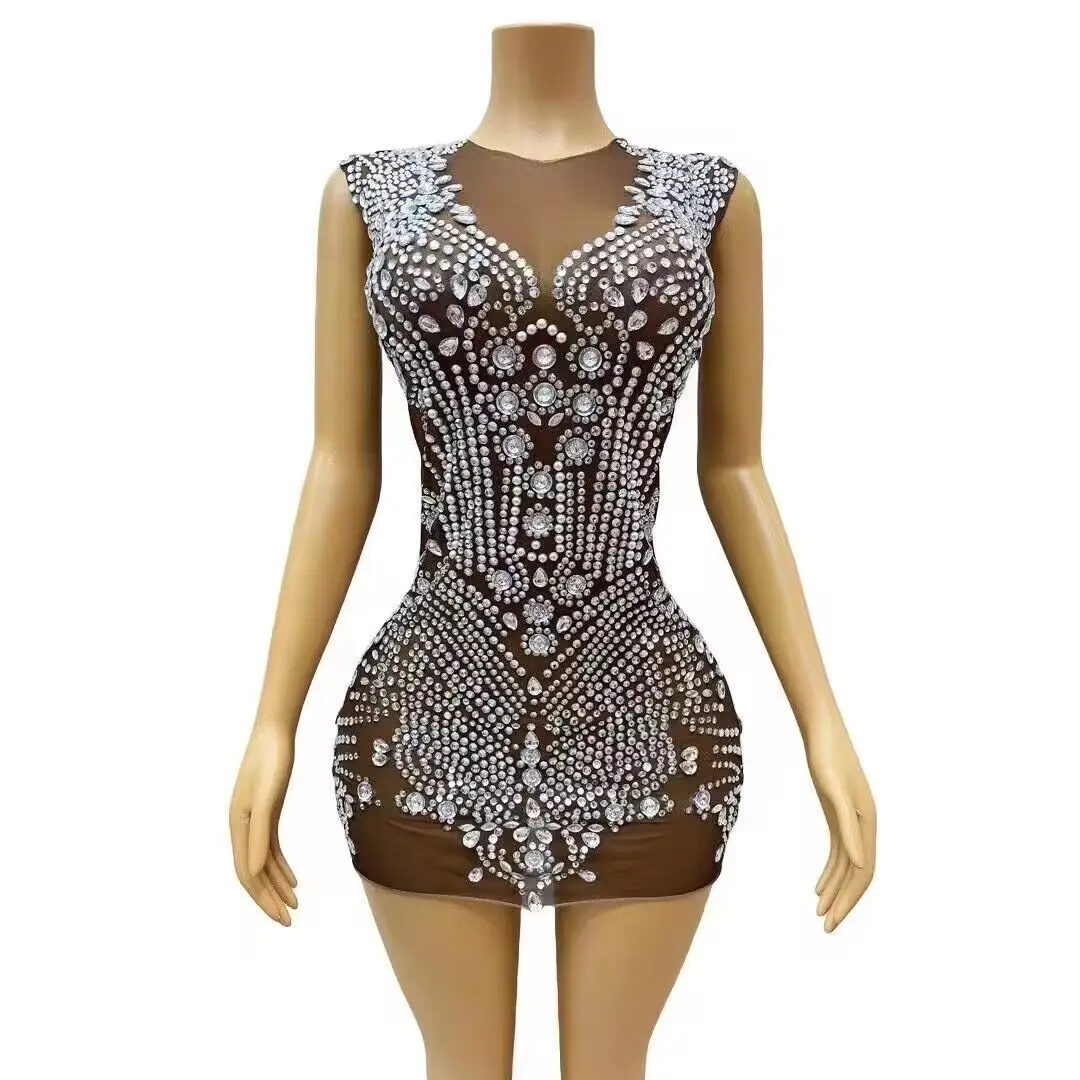 Silver Crystals Birthday Sexy Brown Dress Evening Celebrate Transparent Mesh Stage  See Through Performance Sleeveless Outfit