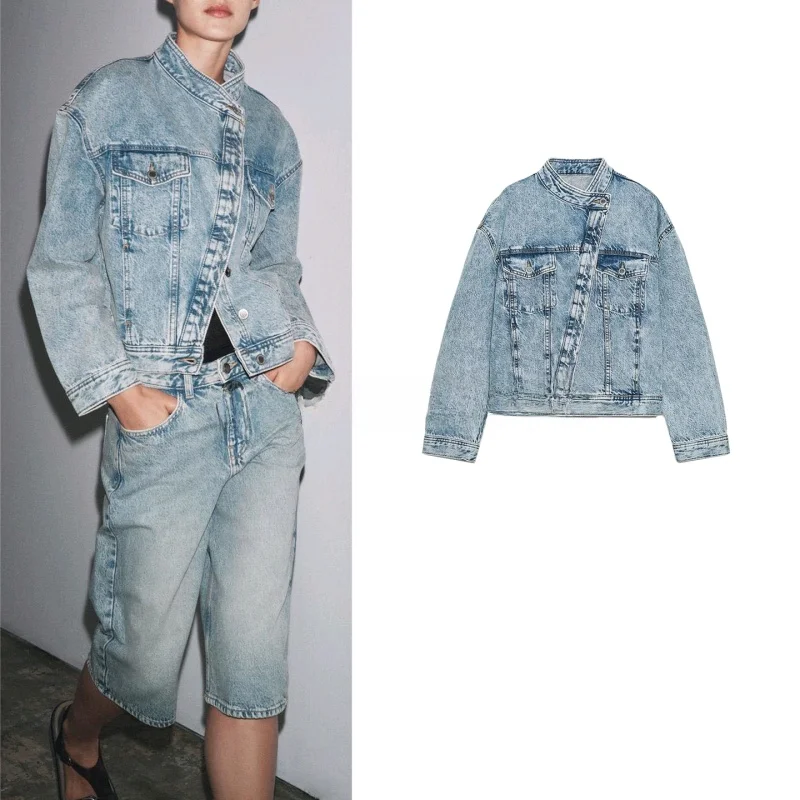 

New Autumn Women's Single-Button round Ne Wa Effect Double-Breasted Denim Jaet Casual Sle Polyester Fiber Outerwear