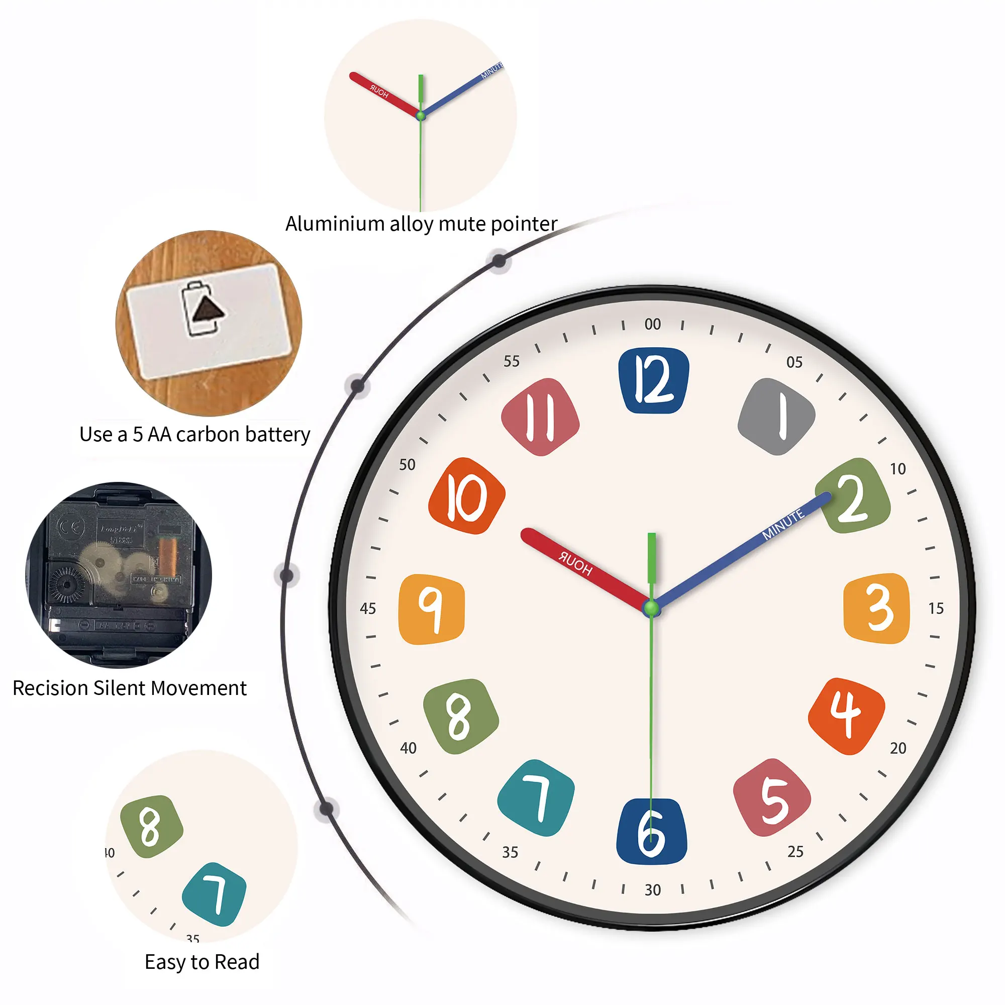 A modern simple wall clock, colorful digital and color hands designed instructional wall clock, silent clock, for living room be