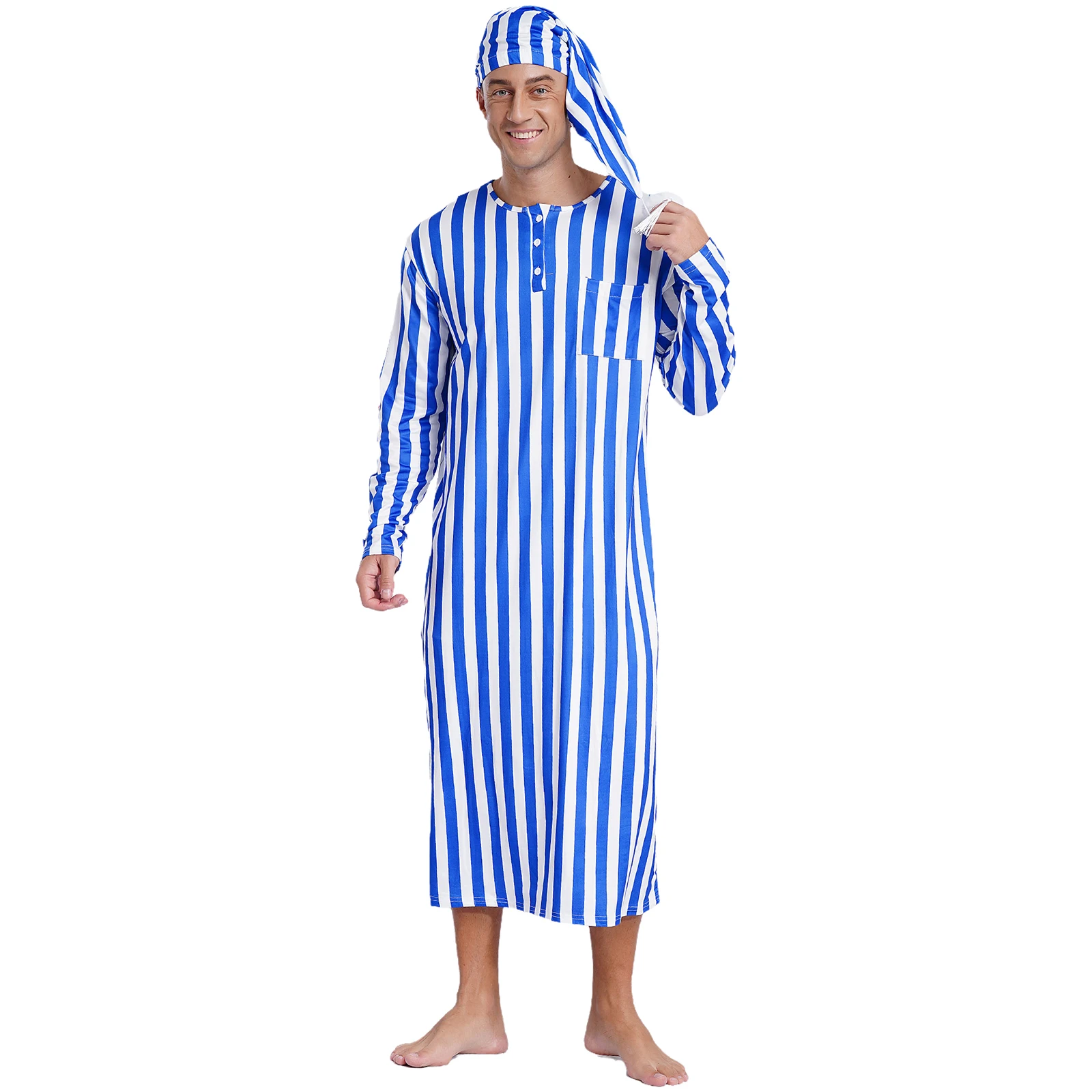 Mens Arabian Muslim Pajamas Long Sleeve Long Robe And Pompom Adjustable Sleep Hat Robe with Hat Cosplay Outfits Sissy Nightwear