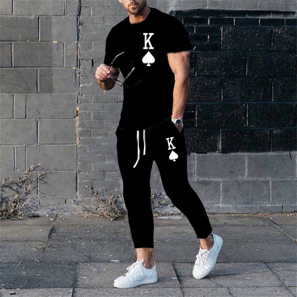 T-shirt et pantalon décontractés à manches courtes College en 3D King pour hommes, ensemble sportif, pull respirant, vêtements d'été, mode, 2 pièces