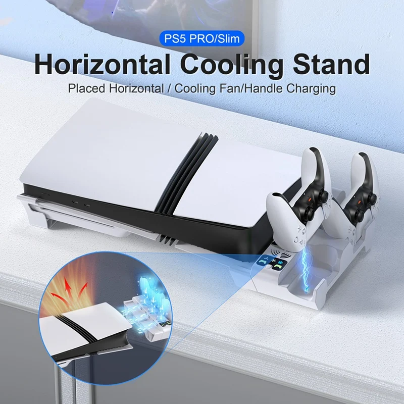 For PS5 Slim/PS5 Pro Station With 3-Level Cooling Fans Dock Stand, PS5 Accessories Controller Charging Station Holder