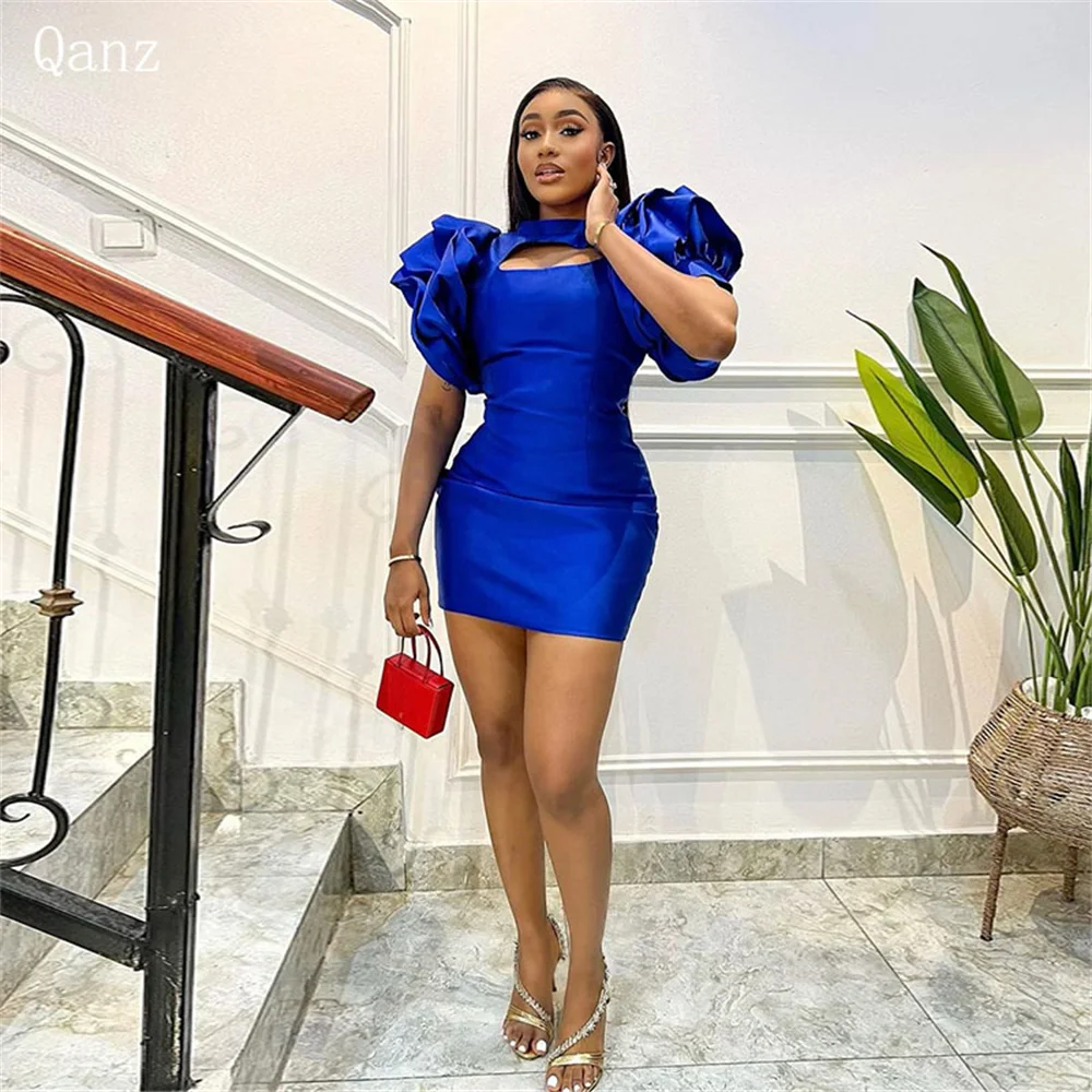 

Qanz Short Royal Blue Prom Dresses Puff Sleeves Mermaid Satin Vestidos De Noche Mini Sexy South Africa Party Gown Customized