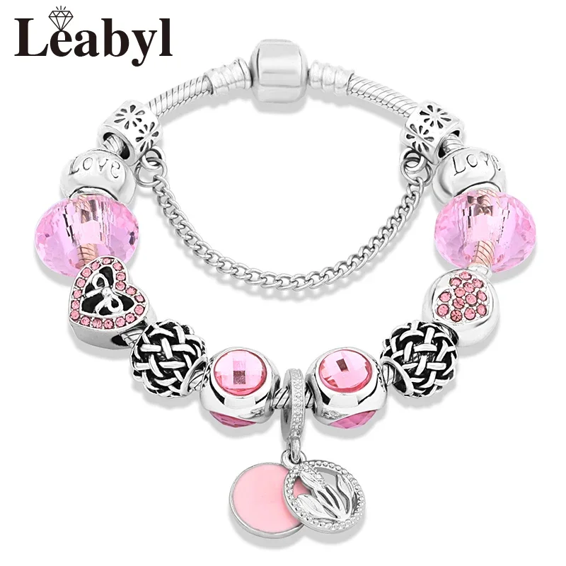 Dropshipping Hot Pink Crystal Flower Charm Bracelet for Women Girl Gift Romantic Plant Pink Heart Bead Bracelets Jewelry