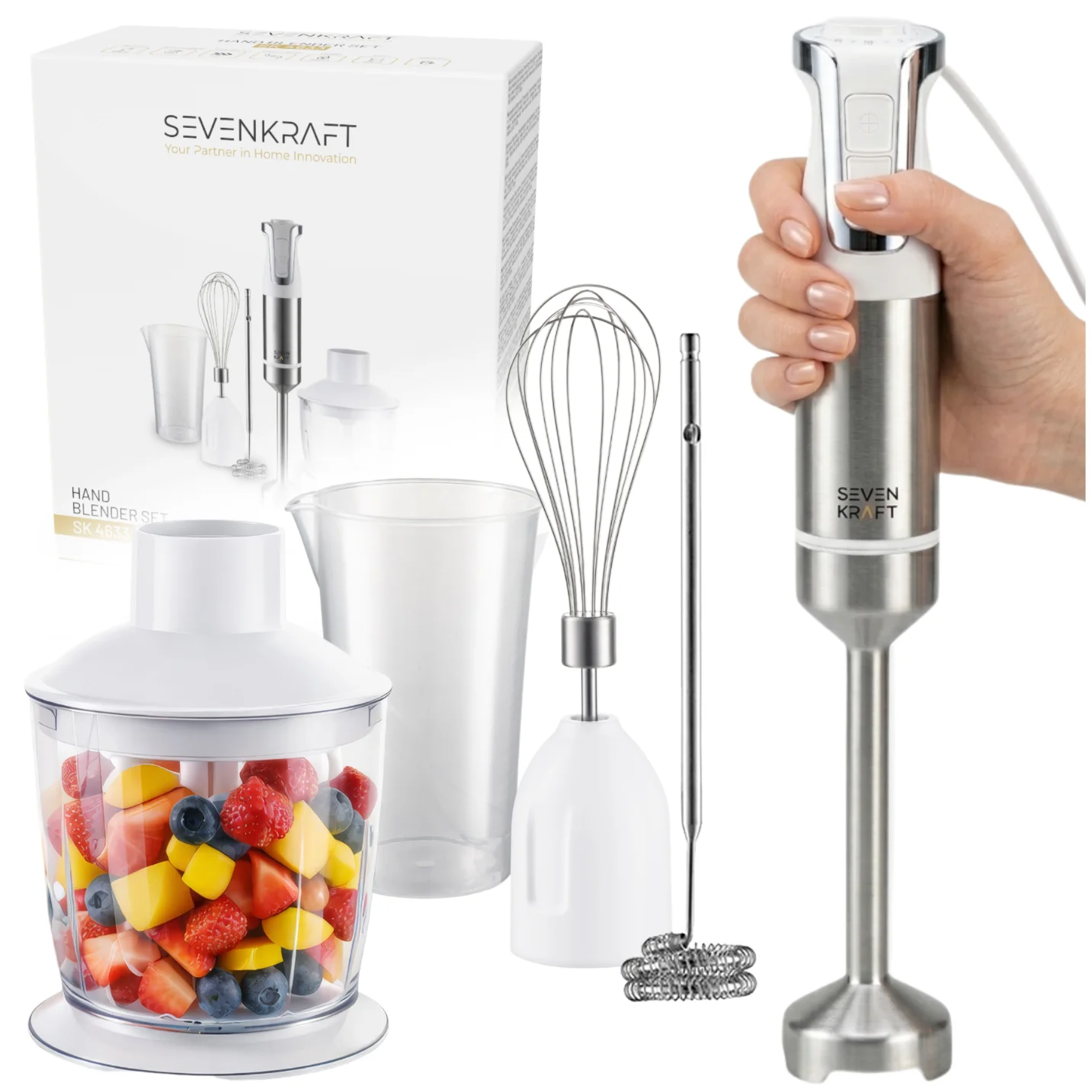 SevenKraft SK4633W 5-in-1 1800W Stabmixer mit Zerkleinerer, Rührer und Milchaufschäumer